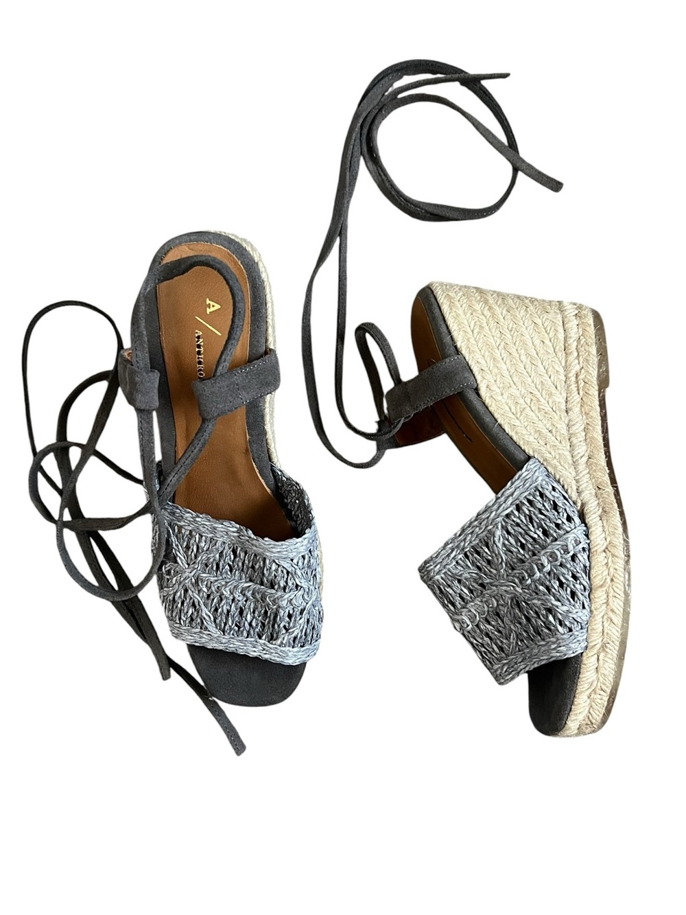 Anthropologie Women’s Blue Woven Lace Up Strappy Wedge Jute Sandals Heels 38 - Picture 2 of 10